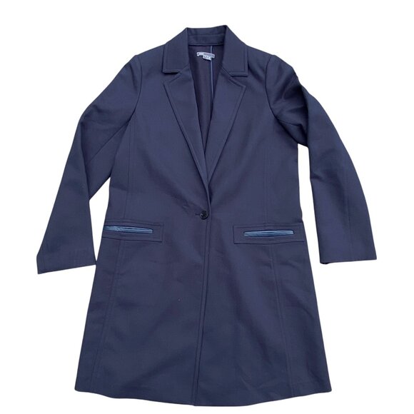 Vince Single Breasted Trench Coat Blue Lamb Leather Trim Classic Quiet Luxury-L